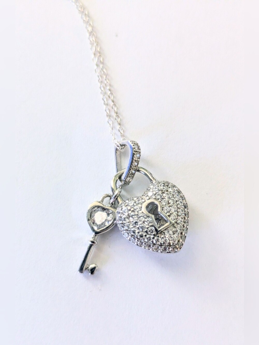 Rhodium Plated Sterling Silver C.Z. Pave Heart & Key Lovers Necklace Italy 925